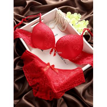 Mode Roter Spitze dünn dick mit Tiefen v Neck push up BH hat Höschen akzepTieren überzählige Brust