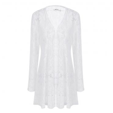 meaneor Damen Strickjacke casual Spitzen Häkeln lange Ärmel open lange Schwarz Weisse Strickjacke Mantel