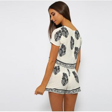 Damen 2 Stück Drucken hat Sommer Outfits o Hals kurze Ärmel Pflanzliche Top und Shorts Setzt