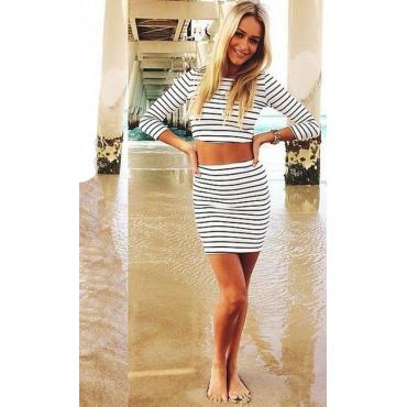 heißes Verkauf neue Damen Freizeitkleidung Schwarz Gestreiften legt lange Ärmel Pflanzliche Top Miniröcke Damen