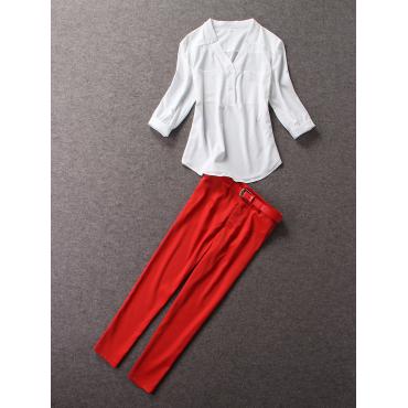 kurzer Sommer Mode der Twinset Weisse Tops Rote hintern heben Knöchel länge Rot Capris Anzug Hals BleiStift Hose