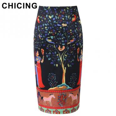 chicing Sommer Damen ethnischer Bild Drucken Midi Bleistiftröcke wieder hohe Taille wickeln sich Schwarz Bodycon