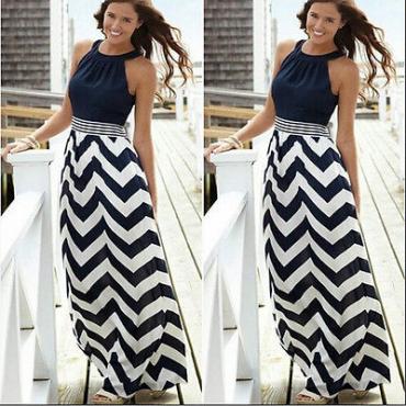 Frau Sommer Gestreifte boho Abend Party lange Maxi Strand Dress Chiffon Kleider