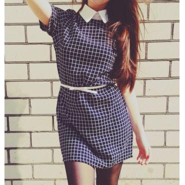 Damen im karierten Kleider ab Kragen Vestidos kurze Ärmel direkt Weiss Collor Arbeiten Damen Kleid tragen qz7