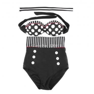 hohe Taille Damen ein retro Bikini Set Vintage pin Punkte Gestreiften Beachwear Gepolsterte  push up Badeh