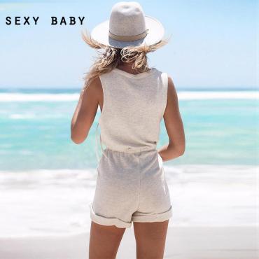 elegante Overall Strampler Womens Lace up Ärmellose Hals Damen FreiZeitKleidung plus Size short Strand Sport Playsuit