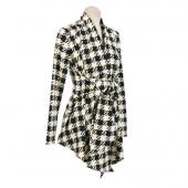 Mode für Damen WinterJacke Mantel lange Ärmel Houndstooth Print Herbst Freizeitkleidung slim gürtel peplum Strickjack