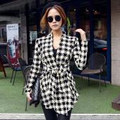 Mode für Damen WinterJacke Mantel lange Ärmel Houndstooth Print Herbst Freizeitkleidung slim gürtel peplum Strickjack