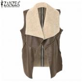 Herbst Winter Damen FreiZeit warm Faux Pelzkragen lange Leder Weste Mantel OberBekleidung Weste lässig Jac