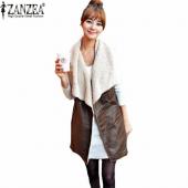 Herbst Winter Damen FreiZeit warm Faux Pelzkragen lange Leder Weste Mantel OberBekleidung Weste lässig Jac