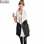 Herbst Winter Damen FreiZeit warm Faux Pelzkragen lange Leder Weste Mantel OberBekleidung Weste lässig Jac