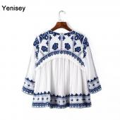 sexy Damen Vintage retro Ethnischen Mode Jacke Damen Bestickten Blauen und Weissen Blumen Print Locker lässig