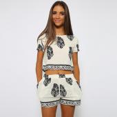 Damen 2 Stück Drucken hat Sommer Outfits o Hals kurze Ärmel Pflanzliche Top und Shorts Setzt