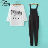 Damen Mode Setzt der Print T Shirt Schwarzer HosenAnzug Setzt ae001