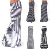 Damen asymmetrische hohe Taille Gestreiften zusammenschrumpfen Strecke lange Maxi Rock und Grösse