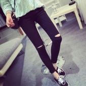 hohe elastische Mode Baumwolle Womens Schwarze hohe Taille zerrissenen Jeans Riss loch Knie Dünnen BleiStift Hose slim