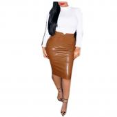 heißes Verkauf Damen pu Leder langen Rock solid Farbe hohe Taille hüfte BleiStiftRöcke Vintage Bodycon Midi Rock