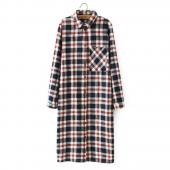 qb37 Damen Hemd Kleid Mode Herbst Baumwolle karo Print Zurück Buttons Tasche lange Ärmel ab Kragen casual