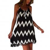 Sommer Damen Locker Chiffon Sommerkleid Vestidos welle Gestreiften Tassel Partei Strand Dress