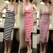 sexy Damen Urlaub casual Spaghetti Gestreiften Sommer Beach Party im langen Kleid