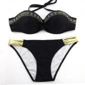 Mode push up Bikini Damen sexy Badeanzug bling Badeanzug Badehosen Tiefen v Bandeau Bikini hat Schwarzer Farbe