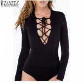 Mode Frühling im Herbst sexy Tiefe v Hals Rompers Womens Overall Bodysuit lange Ärmel solide Tops Femininas