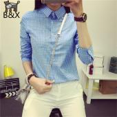 neue kleine karos Damen Bluse Locker Revers Hemd der lange Ärmel Baumwollhemden Damen klassische Raster Tops