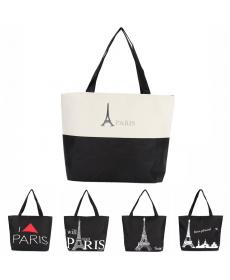 Große Raum Damen Leinwand Handtasche Zipper Einkaufs Umhängetasche Paris Eiffelturm Muster Mädchen