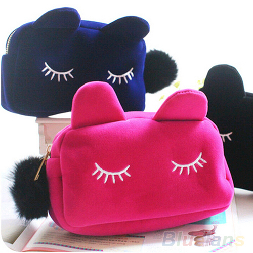 Tragbare Cartoon Katze Münze Aufbewahrungskoffer Reise Make Up Flanell Beutel Kosmetiktasche