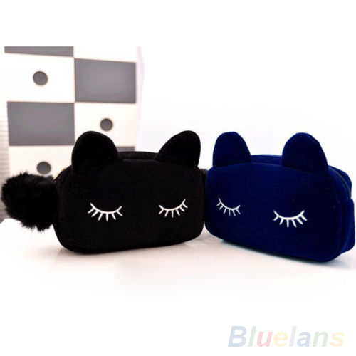 Tragbare Cartoon Katze Münze Aufbewahrungskoffer Reise Make Up Flanell Beutel Kosmetiktasche