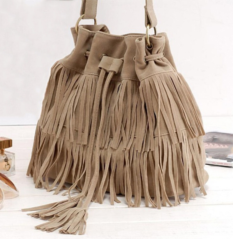 Damen WildLeder Kordelzug Eimer Tasche Damen vintage Handtasche Faux Fringe Quaste Schulter Crossbody Taschen Damen