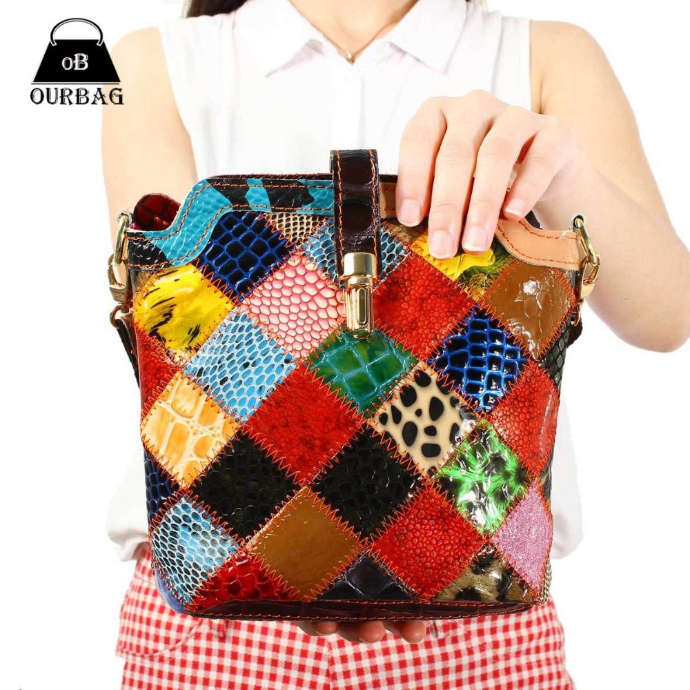 100% echtem Leder Shell Crossbody Schloss Umhängetasche Superb Patchwork Muster Casual Schulter weibliche Taschen