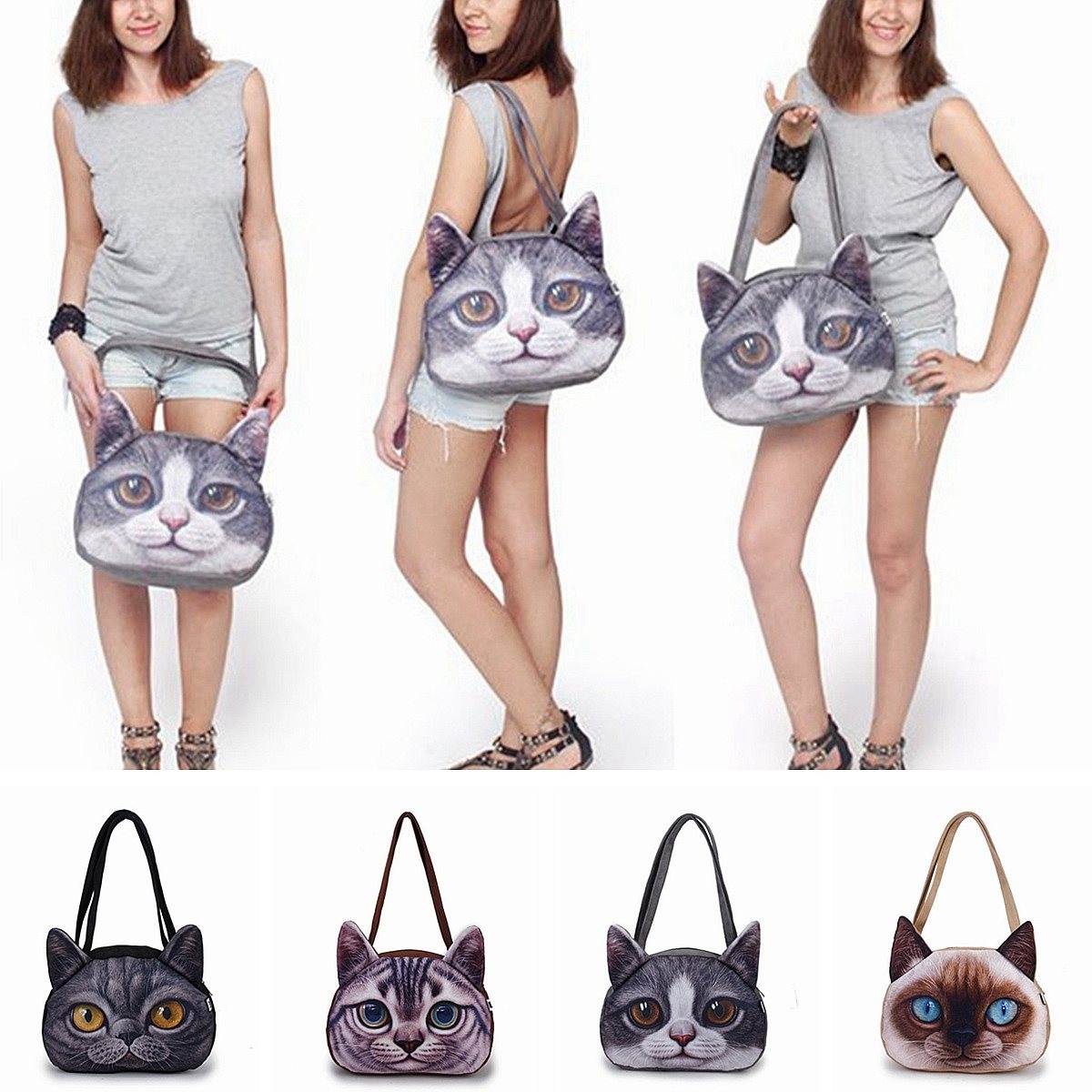 3D Matt Damen Nette Katze Druck Handtaschen Schulter Reißverschluss Polyester Student Handtasche Mädchen