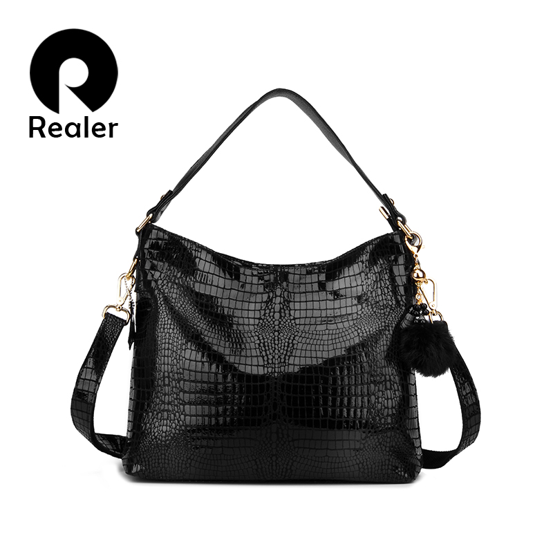 Damen Echtem Leder Krokodil Taschen Umhängetasche Mit Fellknäuel Embassed Handtasche Messenger Tasche