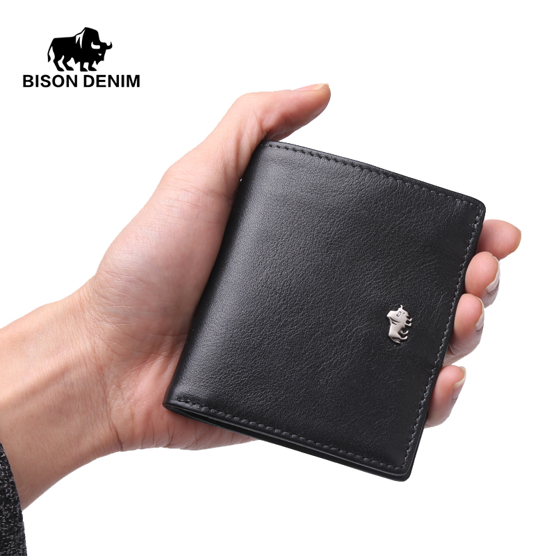 BISON DENIM hohe qualität Aus Echtem Leder Herren Brieftasche Kleine Ultra Thin Kartenhalter Herren Schwarz