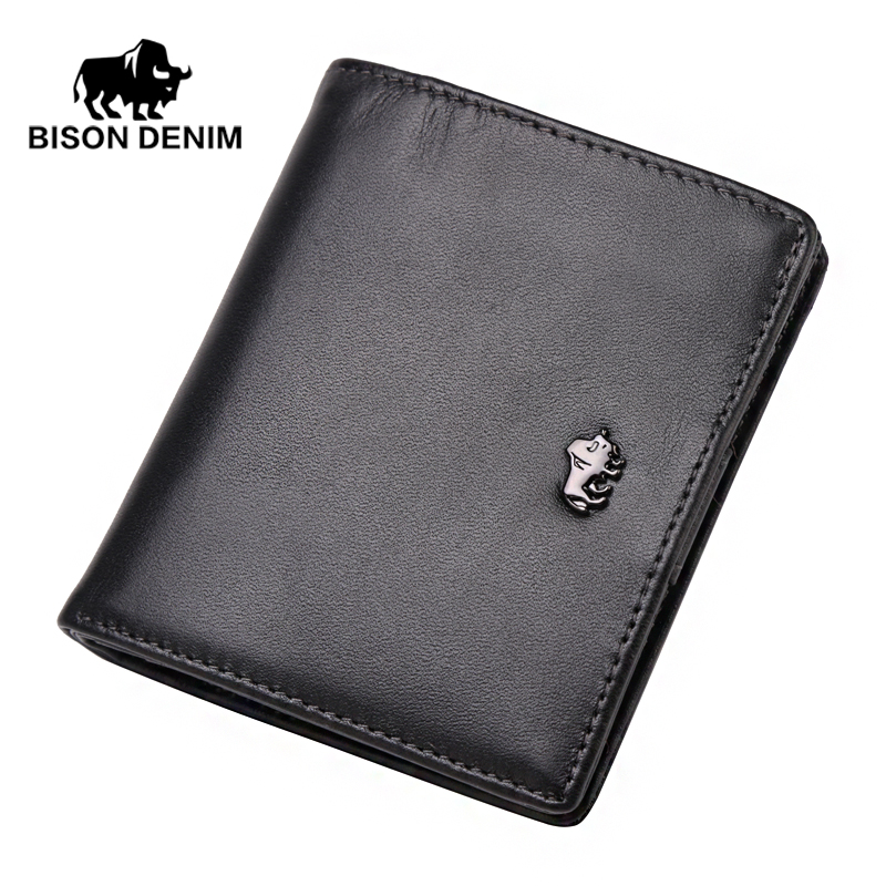 BISON DENIM hohe qualität Aus Echtem Leder Herren Brieftasche Kleine Ultra Thin Kartenhalter Herren Schwarz