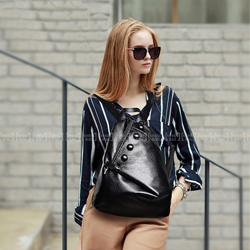 Hohe Qualität Leder Damen Rucksack Mode Tasten Rucksäcke für Teenager Mädchen schwarz Casual Reise