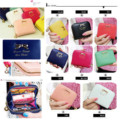 Fashional Stil Bunte Damen Dame Mini KunstLeder Bowknot Geldbörse Reißverschluss Um Brieftasche Kartenhalter