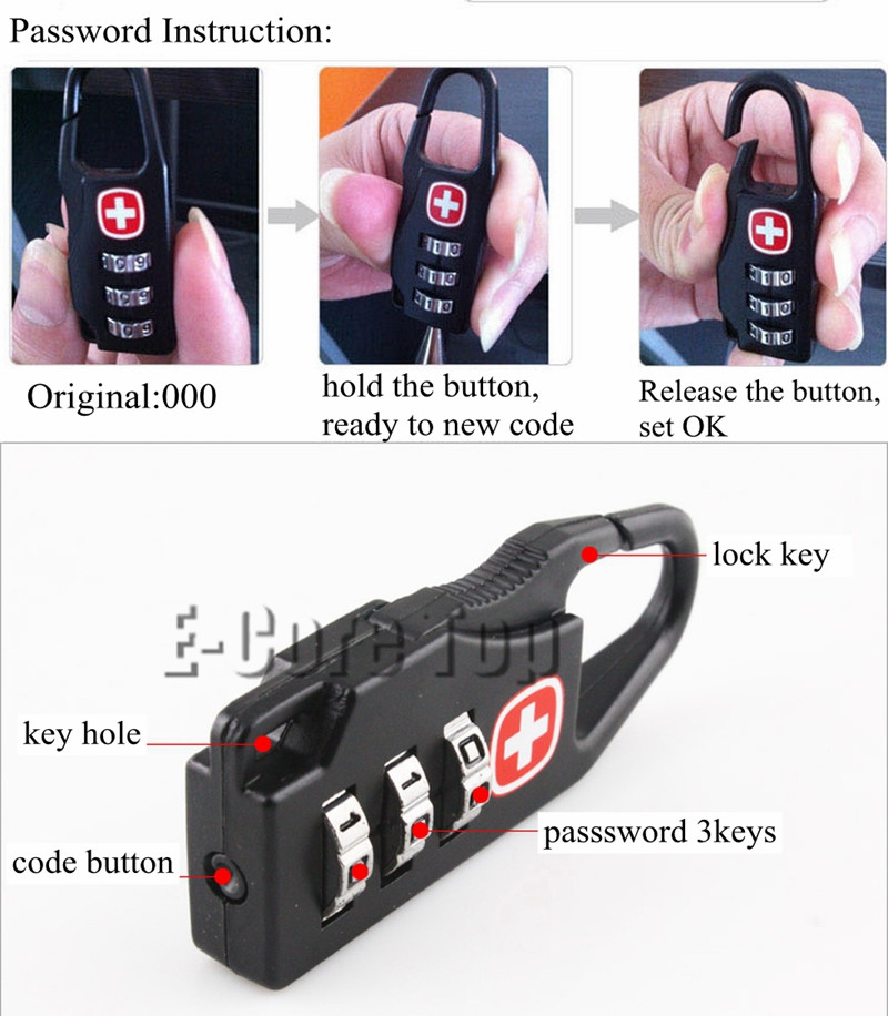 Rückstellbare 3 3 stellige Kombination Code Vorhängeschloss Reisegepäck Sicherheit Metall Shell Rucksack